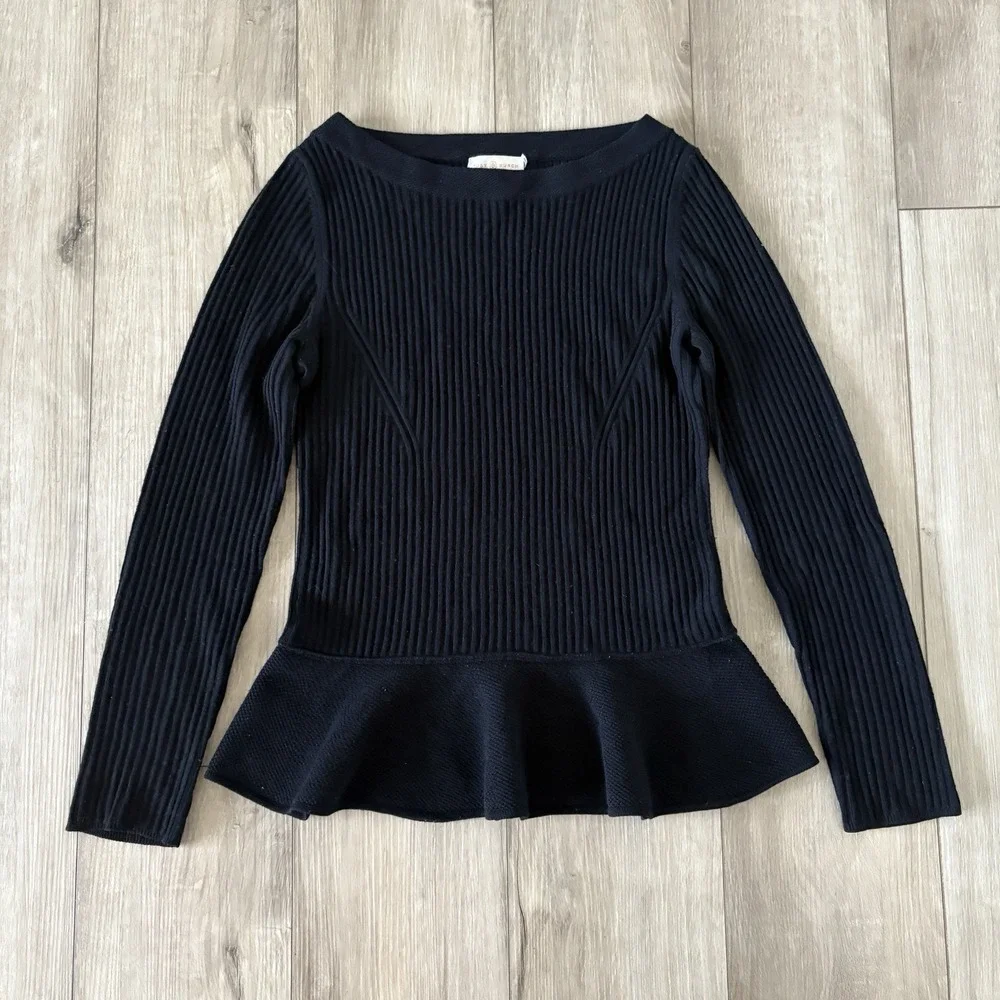 Tory Burch Ramona Solid Black Merino Wool Sweater Sz Medium Peplum Long Sleeves‎